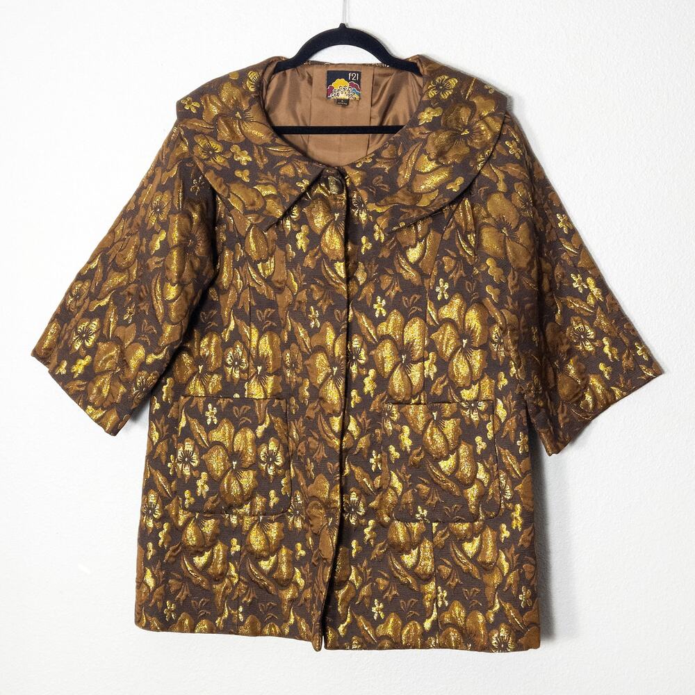 Forever 21 Vintage Jacket Gold Black Brocade Look Size L Short Sleeve